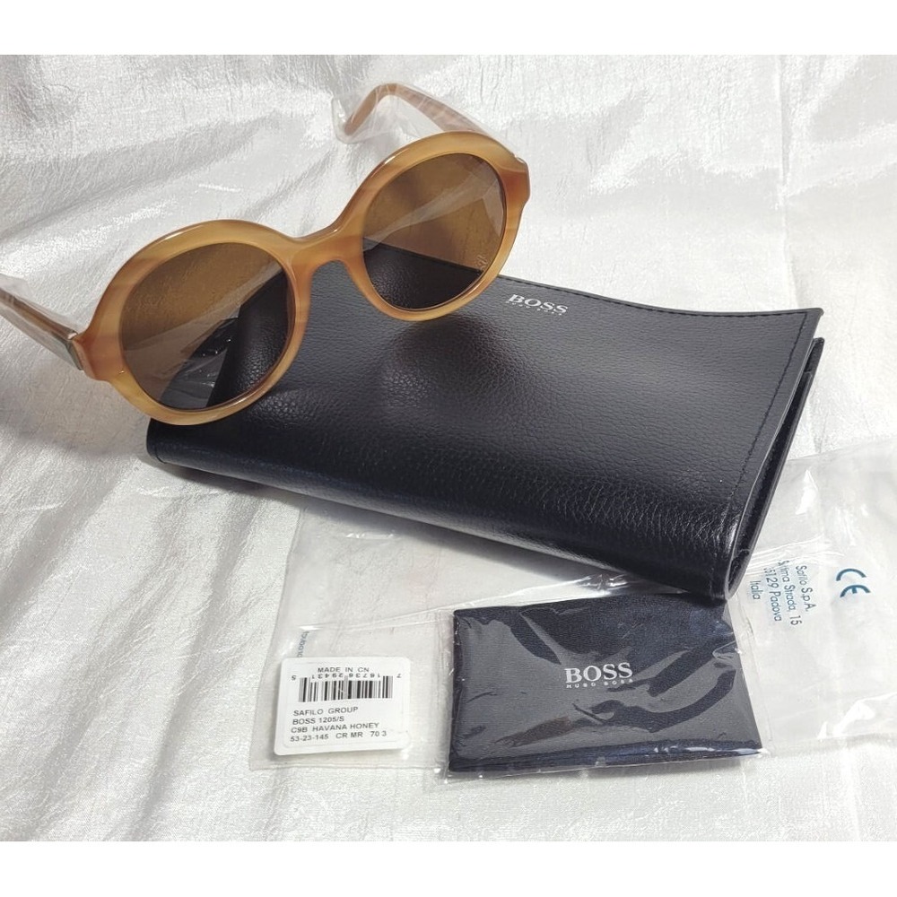 Hugo Boss 1205/S C9B Havana Honey Wide Rim Round Sunglasses 53-23-145 w/‎ Pouch